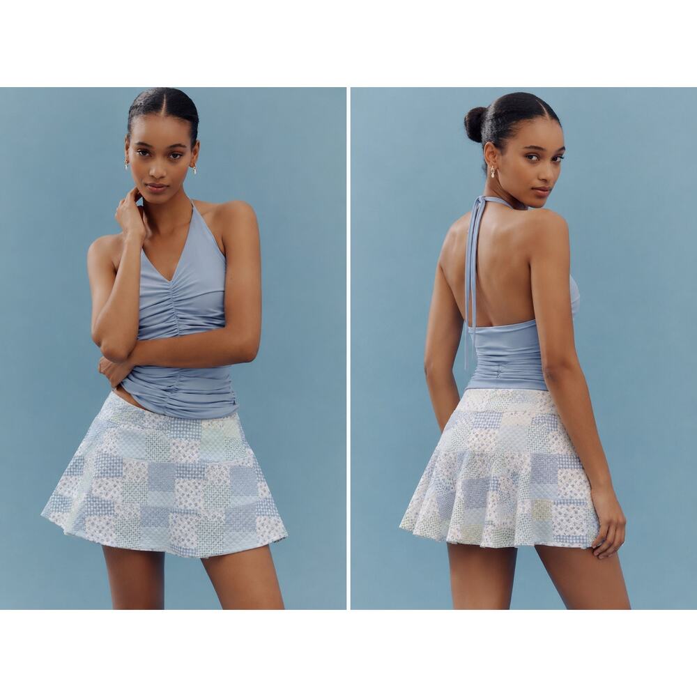 AS Revival Patchwork Tennis Skort Blue Floral Gingham Pleated Back XL Cottage